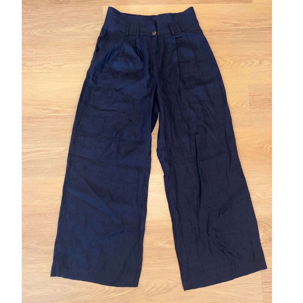 Stillwater navy wide leg trouser womens 100% linen pants size large NWT